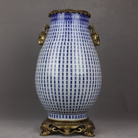 A Huge Blue and White Shou-Character Pattern Inlaid Bronze Sheep-Ears Vase