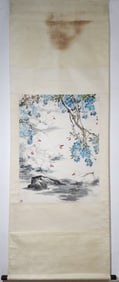 A Chinese Vertical Scroll Ink Painting of Flower and Duck on Paper,Wang Xuetao