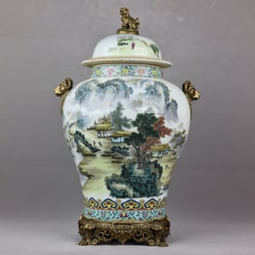 A Huge Famille-Rose Landscape Pattern Inlaid Bronze Sheep-Ears Jar with Cover