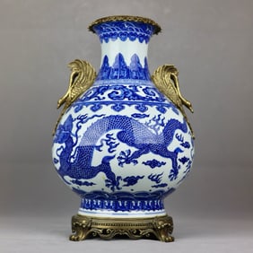 A Huge Blue and White Auspicious Cloud and Dragon Inlaid Bronze Double-Ears Vase
