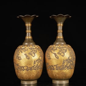 A Pair of Exquisite Gilt Bronze Dragon and Phoenix Pattern Vases