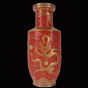 An Exquisite Carve Iron-Red Painted Gold Dragon and Phoenix Pattern Vase