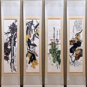 A Set of Chinese Vertical Scroll Ink Painting of Flower and Fruit on Paper,Qi Baishi