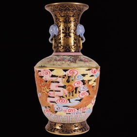 A Huge Enamel Ji Blue Glazed Painted Gold Dragon and Phoenix Pattern Elephant-Ears Vase