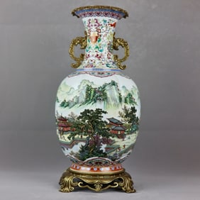 A Huge Famille-Rose Landscape Pattern Inlaid Bronze Double-Ears Vase, With poem