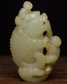 An Exquisite White Jade Fish and Dragon Hand Piece