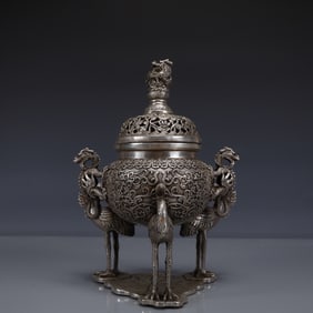 An Exquisite Silver-plated Lotus Pattern Dragon-Ears Crane-Legs Censer