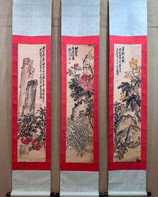 A Set of Chinese Vertical Scroll Ink Painting of Flower and Fruit on Paper,Wu Changshuo