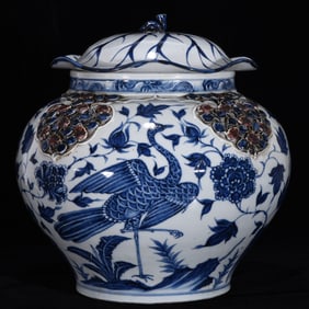 A Rare Blue and White UnderGlazed-Red Crane Pattern Jar with Cover