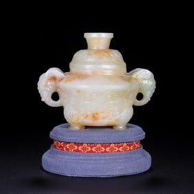 An Exquisite White Jade Beast-Face Pattern Double-Ears and Tripod Censer
