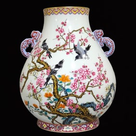 A Rare Enamel Painted Gold Flower and Bird Pattern Double-Ears Vase,With Poem