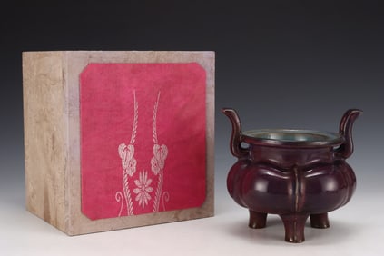 An Exquisite Jun yao Purple Glazed Double-Ears and Tripod Censer