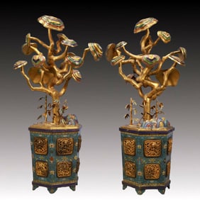A Pair of Exquisite Cloisonne Lotus Pattern Ganoderma lucidum Flower pot Ornaments