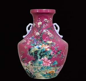 An Exquisite Famille-Rose Ruby Red-Glazed Painted Gold Flower and Bird Pattern Double-Ears Vase,With