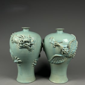 A Pair of Exquisite Ru yao Sky Blue Glazed Flower and Phoenix Pattern Vases
