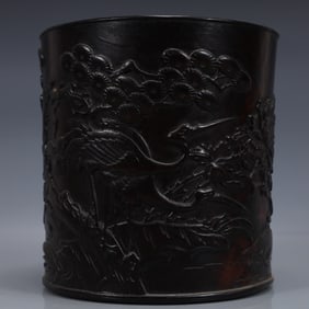 An Exquisite Zitanwood Pine and Crane Pattern Brush Pot