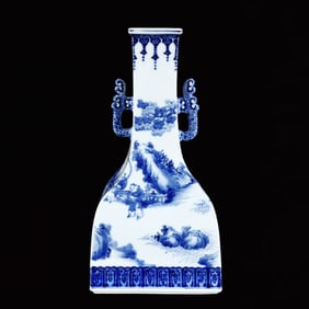 A Rare Blue and White Figure Pattern Ruyi-Ears Vase