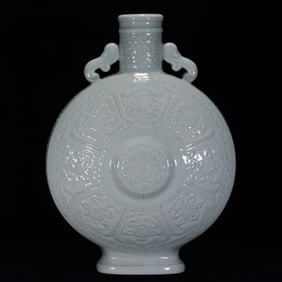 An Exquisite Sky Blue Glazed Carved Eight Treasures Pattern Double-Ears Vase