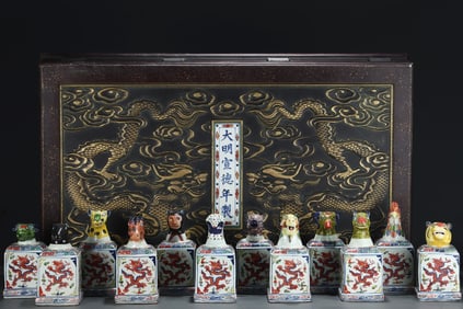 A Set of Exquisite Wucai Dragon and Phoenix Pattern the Twelve Chinese Zodiac Signs Seals