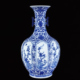 A Rare Blue and White Flower and Bird Pattern Double-Ears Vase