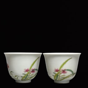 A Pair of Exquisite Famille-Rose Flower Pattern Cups