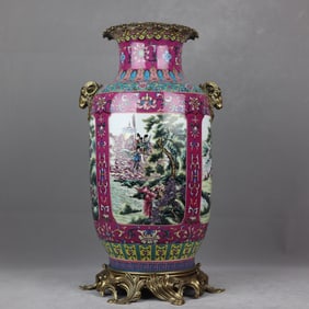 A Huge Famille-Rose Landscape and Figure Pattern Inlaid Bronze Sheep-Ears Vase