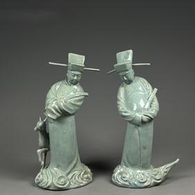 A Pair of Exquisite Ru yao Sky Blue Glazed Figure Ornaments