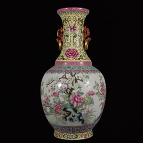A Huge Famille-Rose Yellow Ground Lotus Flower Pattern Double-Ears Vase