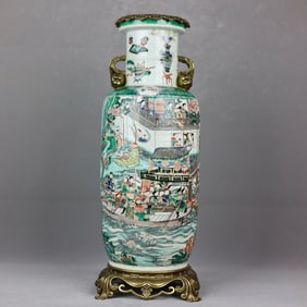 A Huge Wucai Figure Pattern Inlaid Bronze Double-Ears Vase