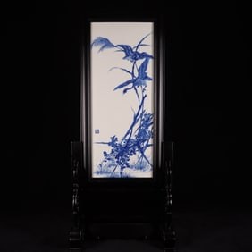 A Huge Zitanwood Inlaid Porcelain Plaques Flower and Bird Pattern Table Screen