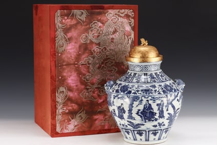 A Huge Blue and White Figure Pattern Beast-Ears Jar , with Gilt Cover