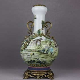 A Huge Famille-Rose The Twelve Chinese Zodiac Signs Pattern Inlaid Bronze Double-Ears Vase, With