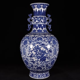 A Huge Blue and White Lotus and Eight Treasures Pattern Dragon-Ears Vase