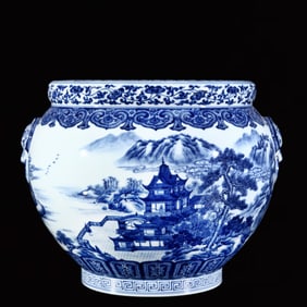 A Rare Blue and White Landscape and Figure Pattern Double-Ears Vat