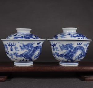 A Pair of Exquisite Blue and White Dragon Pattern Bowls with Cover