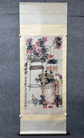 A Chinese Vertical Scroll Ink Painting of Flower and Fruit on Paper,Wu Changsuo