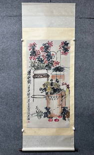 A Chinese Vertical Scroll Ink Painting of Flower and Fruit on Paper,Wu Changsuo: A Chinese Vertical Scroll Ink Painting of Flower and Fruit on Paper,Wu Changsuo,Without frame Size:26inx52.4in &#19968;&#24133;&#20013;&#22269;&#27700;&#22696;&#33457;&#26524;&#22270;&#31435;&#36724;,