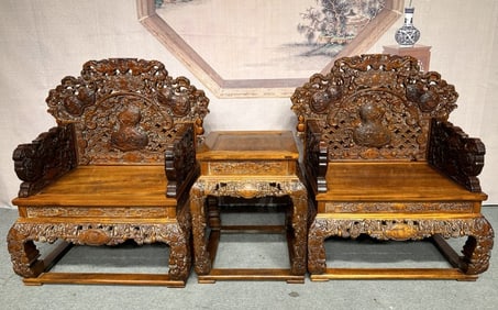 A Set of Fine Huanghuali wood Gourd Pattern End Table and Armchais