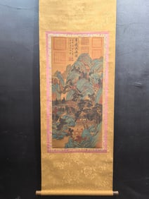 A Chinese Vertical Scroll Ink Painting of Landscape and Figure on Silk,Li Shimin