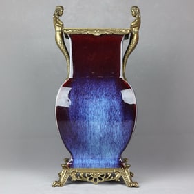 A Huge Flambe Glazed Inlaid Bronze Double-Ears Vase