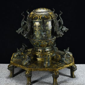 A Rare Bronze Inlaid Gold Inlaid Silver Dragon Pattern Ornament,With Inscription