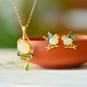 A Set of Fine Sterling Silver-Gold Plated Inlaid White Jade Enamel Jewelrys