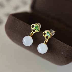 A Pair of Exquisite Sterling Silver-Gold Plated Inlaid White Jade Enamel Earrings