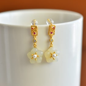 A Pair of Exquisite Sterling Silver-Gold Plated Inlaid White Jade Earrings