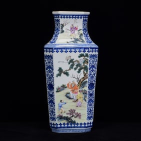 A Huge Blue and White Famille-Rose Painted Gold Character and Story Pattern Vase