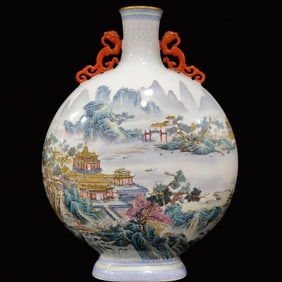 A Huge Famille-Rose Painted Gold Landscape and Figure Pattern Dragon-Ears Vase