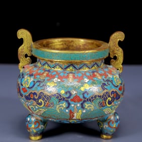 An Exquisite Cloisonne Auspicious Beast Pattern Double-Ears and Tripod Censer