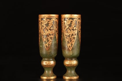 A Pair of Rare Gilt Bronze Inlaid Gogu Jade Phoenix Pattern Cups