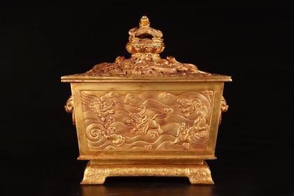 A Rare Gilt Bronze Auspicious Beast Dragon Pattern Double-Ears Censer