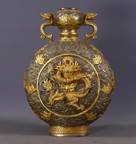 An Exquisite Gilt Bronze Lotus and Dragon Pattern Dragon-Ears Vase